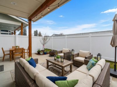 The covered patio, furnished