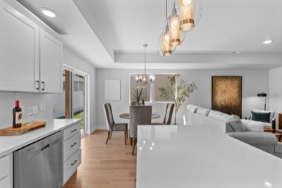 Island and dining, patio door beyond