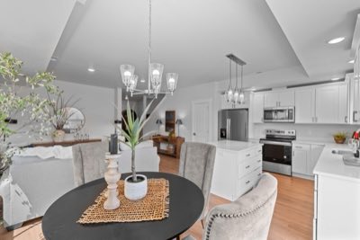 Dining table with the kitchen behind